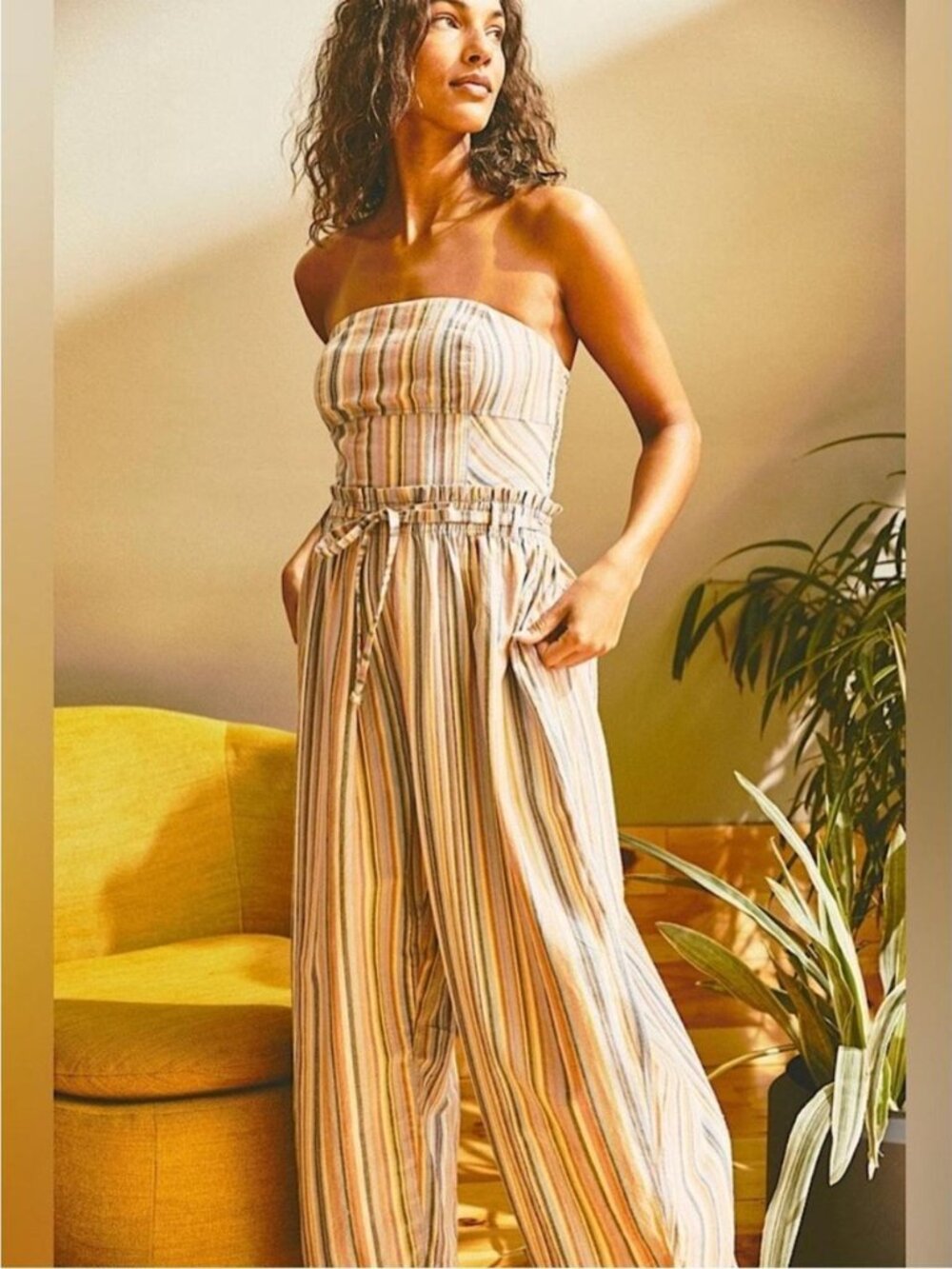 $128 Free People Roaming Shores One Piece M Yellow Stripes